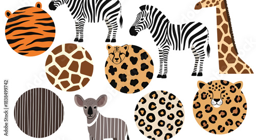 Whimsical african animal illustrations, celebrating wildlife diversity with playful textures and