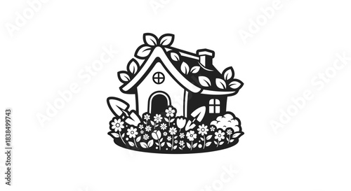 Whimsical black and white illustration of a quaint house surrounded by a flourishing garden