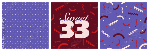 Sweet 33 Celebration Pattern Set. Vibrant Red, Pink, and Purple Designs Featuring Playful Confetti Shapes and Bold Typography to Capture the Fun, Energy, and Festive Spirit of a Milestone Birthday.