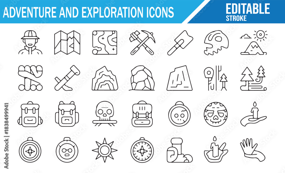 Fototapeta premium Adventure and exploration editable outline icon set with camping, hiking, travel gear and outdoor discovery symbols in minimal line vector style