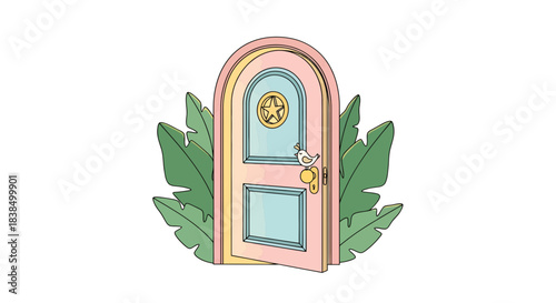 Whimsical portal leading to unknown destinations with foliage and symbolic star