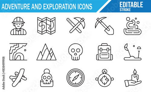 Travel exploration editable outline icons with map and compass