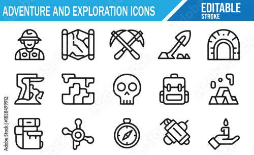 Adventure tourism and outdoor discovery line symbol pack