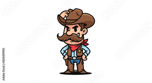 Whimsical western themed cowboy cartoon character with a mischievous expression