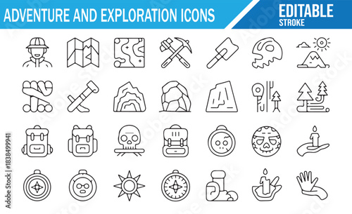 Adventure and exploration editable outline icon set with camping, hiking, travel gear and outdoor discovery symbols in minimal line vector style