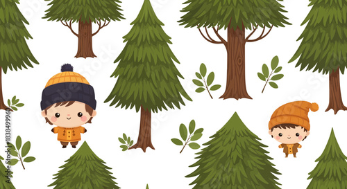 Whimsical winter woodland seamless pattern featuring cute children and evergreen trees