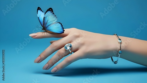 a hand wearing jewelry set for advertising luxury ring and a bracelet with blue topaz aquamarine zircon gemstone, a blue butterfly on the hand 