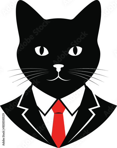 Business Cat Wearing Suit and Red Tie Vector Illustration