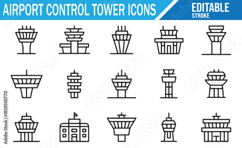 Modern airport control tower editable vector icon set in minimal style