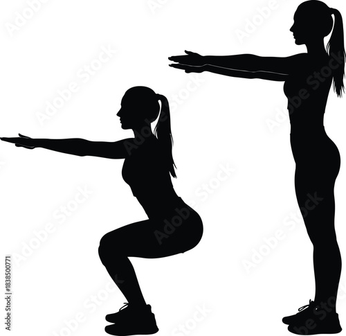 Silhouette of woman performing squat exercise against white background