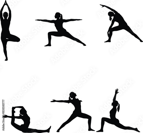 Silhouette collection of women practicing various yoga poses