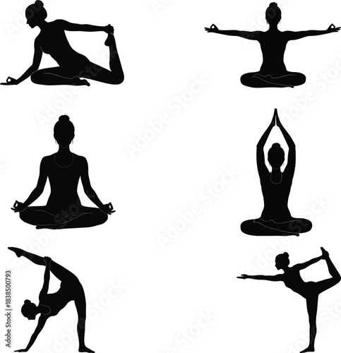 Silhouette collection of women practicing various yoga poses