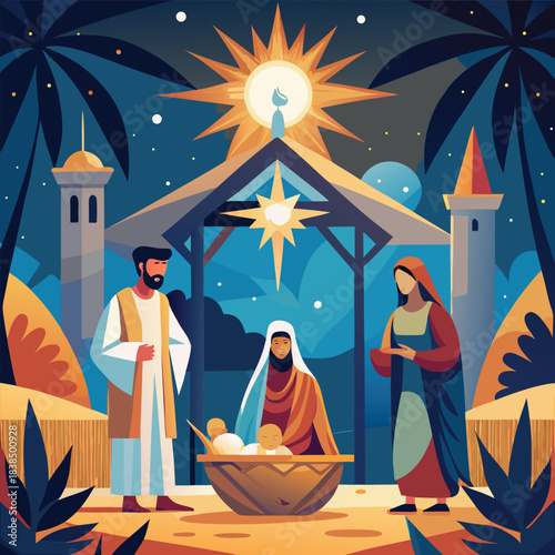 Elegant nativity scene with baby jesus mary and joseph illustration