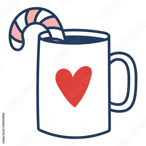 Mug with hot drink, whipped cream, sugar cane isolated on transparent. Hand drawn line art vector illustration. Traditional holiday food, sweets, Christmas, New Year, seasonal design element, clip art