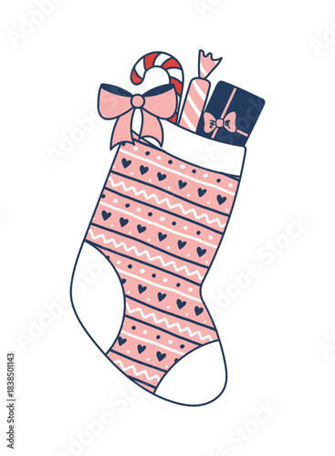 Hanging Christmas stocking filled with presents, isolated on transparent. Hand drawn line art vector illustration. Traditional holiday, Epiphany, Three Kings Day, seasonal design element, clip art