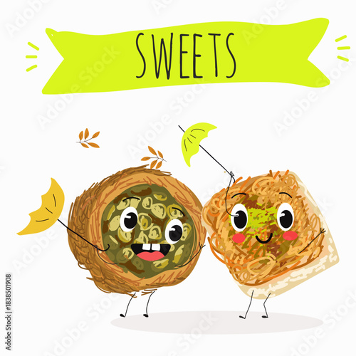 Funny Characters Ekmek kadaif. Turkish,  Eastern sweets. Hand drawn vector illustration.