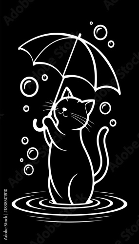 Doodle illustration of a cat with an umbrella standing in a puddle on a black background. Vector graphics. EPS_02.