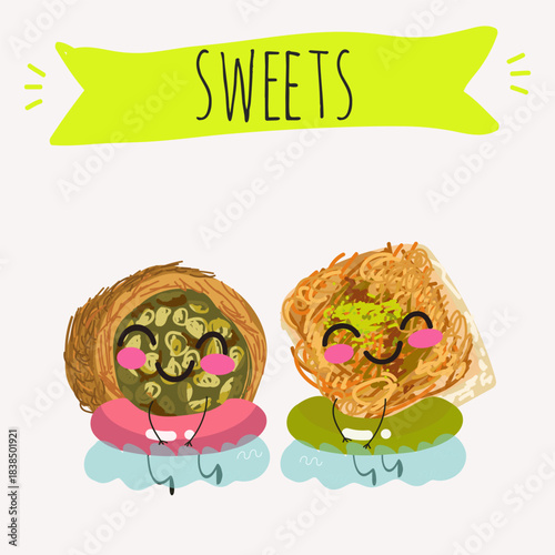 Funny Characters Ekmek kadaif. Turkish,  Eastern sweets. Hand drawn vector illustration.