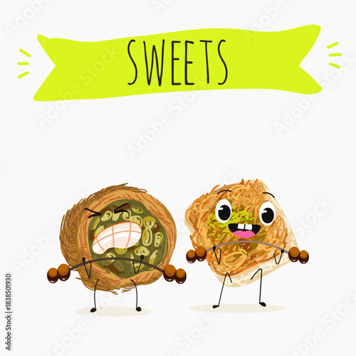 Funny Characters Ekmek kadaif. Turkish,  Eastern sweets. Hand drawn vector illustration.