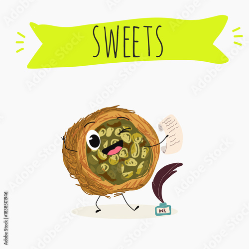 Funny Characters Ekmek kadaif. Turkish,  Eastern sweets. Hand drawn vector illustration.