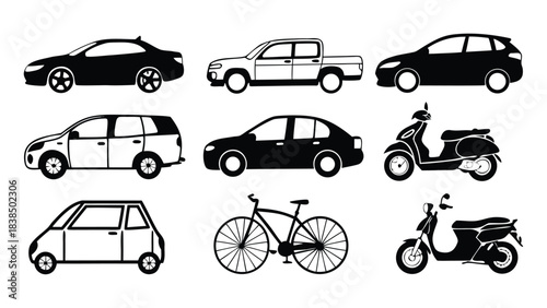 Vehicle Silhouette and Outline Vector Pack, CAD Line Art of Cars, Bikes, Scooters & Motorcycles front and side view