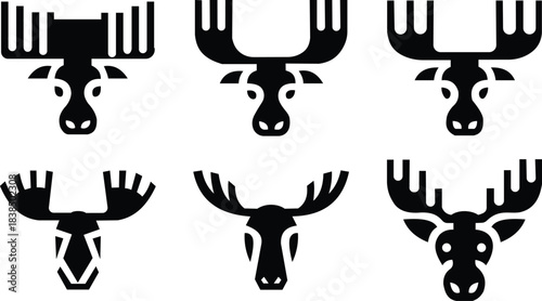 Collection of stylized black moose head silhouettes with antlers