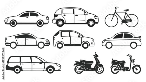 Vehicle Silhouette and Outline Vector Pack, CAD Line Art of Cars, Bikes, Scooters & Motorcycles front and side view