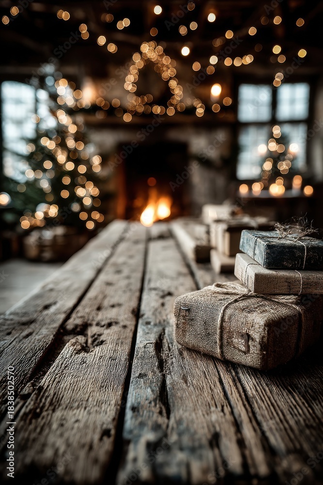 Obraz premium Cozy rustic wooden table with wrapped gifts and warm Christmas lights by a fireplace