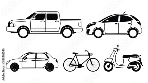 Vehicle Silhouette and Outline Vector Pack, CAD Line Art of Cars, Bikes, Scooters & Motorcycles front and side view