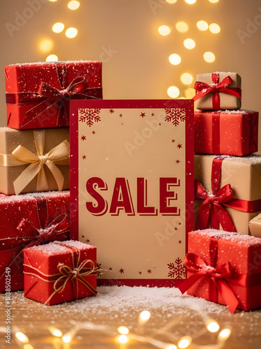 Festive Christmas gifts arranged with a prominent sale sign amidst twinkling lights and snow