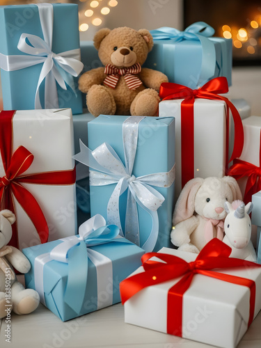 Beautifully wrapped Christmas gifts with stuffed toys in a cozy setting for a festive celebration