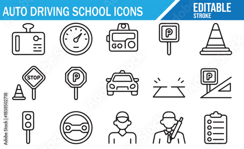 Driving lesson and road safety line symbol set with car and sign icons