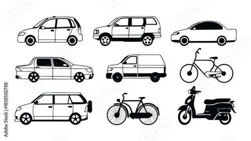 Vehicle Silhouette and Outline Vector Pack, CAD Line Art of Cars, Bikes, Scooters & Motorcycles front and side view