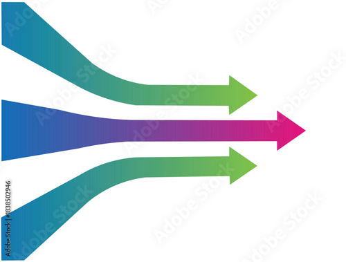 three gradient colored arrows converging together showing merger flow and unified direction isolated onwhite background.