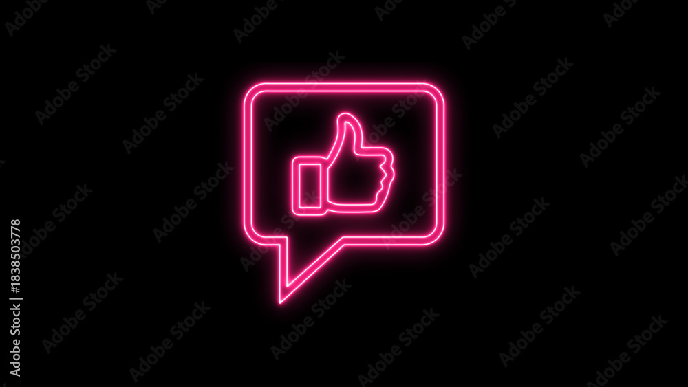 Fototapeta premium neon glowing thumbs up like icon inside a modern speech bubble, representing positive feedback, social media, agreement, approval, communication technology with black illustration. 