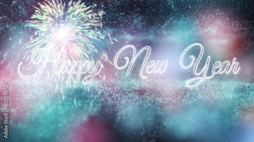 Happy new Year greetings colorful bokeh with fireworks looping animation background