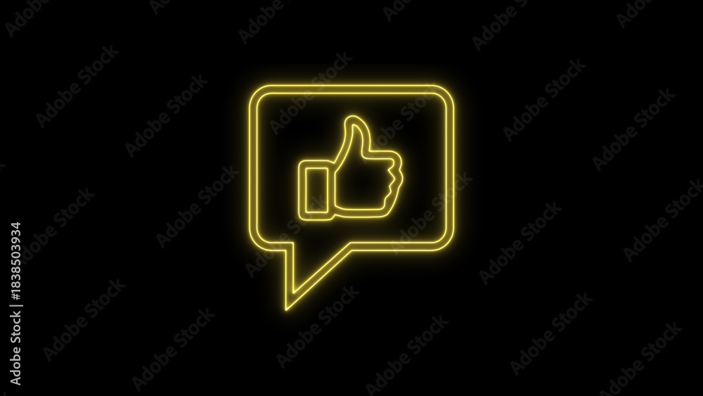 Obraz premium Bright yellow glowing neon outline thumbs up icon inside a modern speech bubble illustration on a dark black background, symbolizing positive social media feedback and agreement.