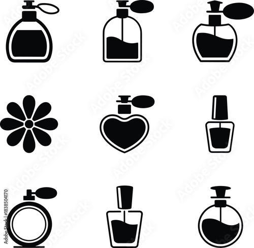 Collection of elegant perfume bottle and flower icons