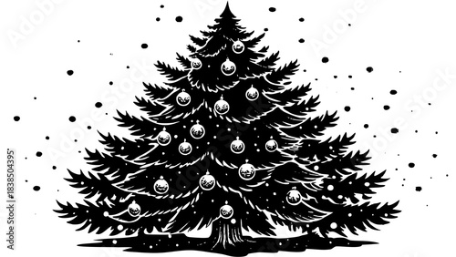 Very beautiful winter pine tree decorated with shimmering ornaments and subtle lighting, surrounded by soft snow and cold mist, forming a gentle festive atmosphere ideal for seasonal artwork.