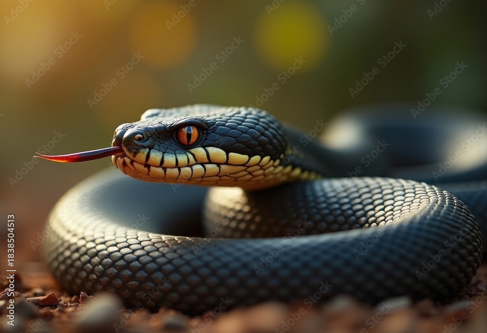 Naklejka premium Coiled Venomous Snake Attributes Detailed Poisonous Fangs Alertness Encounter Wildlife Defender Nature