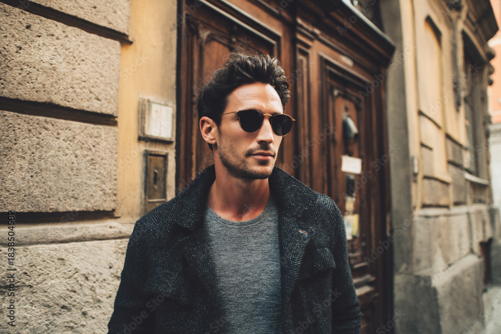 Obraz premium Portrait of stylish man in casual outfit, daylight warm tones.