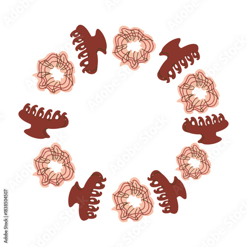 Frame with accessories for hair. Vector illustration isolated on white background. Hair ties, scrunchie, stylist hairdressing equipment  