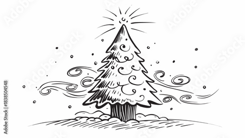 Very beautiful winter pine tree decorated with shimmering ornaments and subtle lighting, surrounded by soft snow and cold mist, forming a gentle festive atmosphere ideal for seasonal artwork.