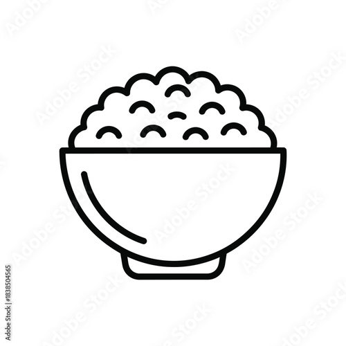 Simple black line icon representing a full bowl of cooked rice ready to eat now
