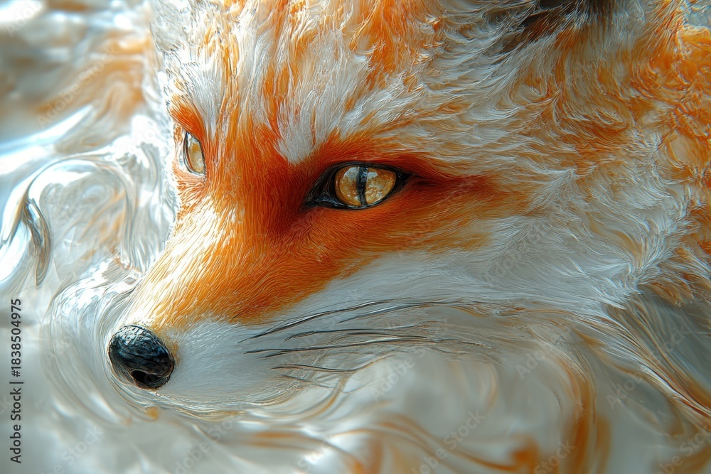 Obraz premium Detailed close-up portrait of a fox exhibiting vibrant orange eyes and fluffy white fur. Captures the animal's intense gaze and soft texture.