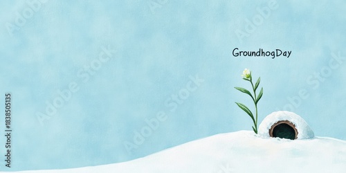 groundhog day art concept, a serene watercolor depicts a melting snowy landscape with a round burrow entrance and a blooming flower, entitled groundhog day