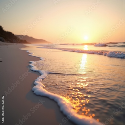 Tranquil Beach Sunset Wide Angle View Calming Waves Serene Shoreline Golden Sky Reflexive Nature Peaceful Horizon