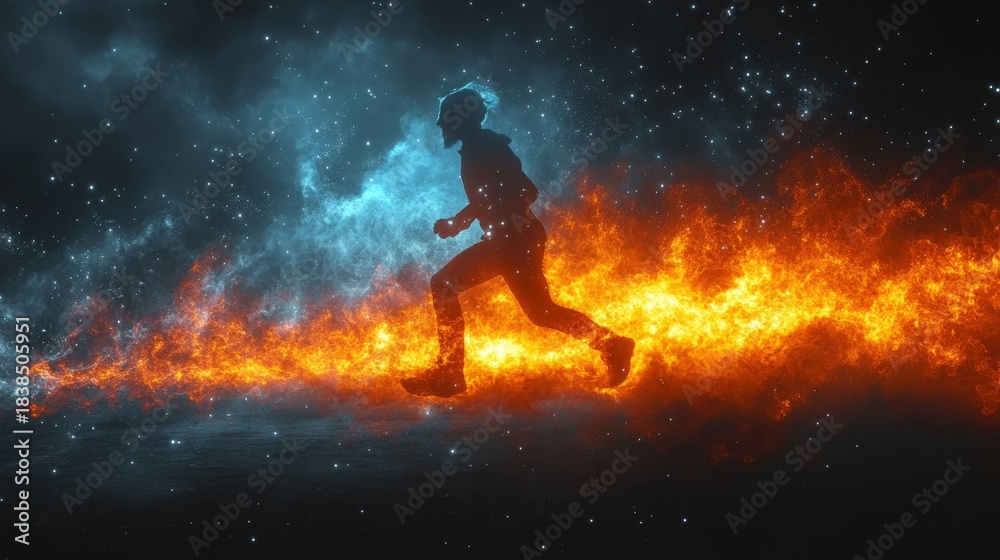 Naklejka premium A dramatic silhouette of a person walking through a fiery nebula in the vastness of space. This image evokes themes of resilience, transformation, and venturing into the unknown.
