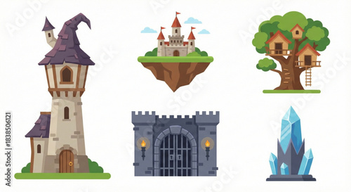 Collection of Enchanted Fantasy Realm Elements Castles, Magical Towers, and Whimsical Treehouses for Storytelling and Adventure