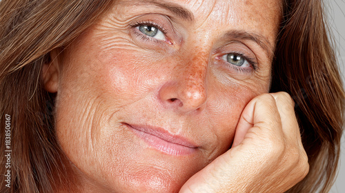 Woman with hand on chin and soft expression